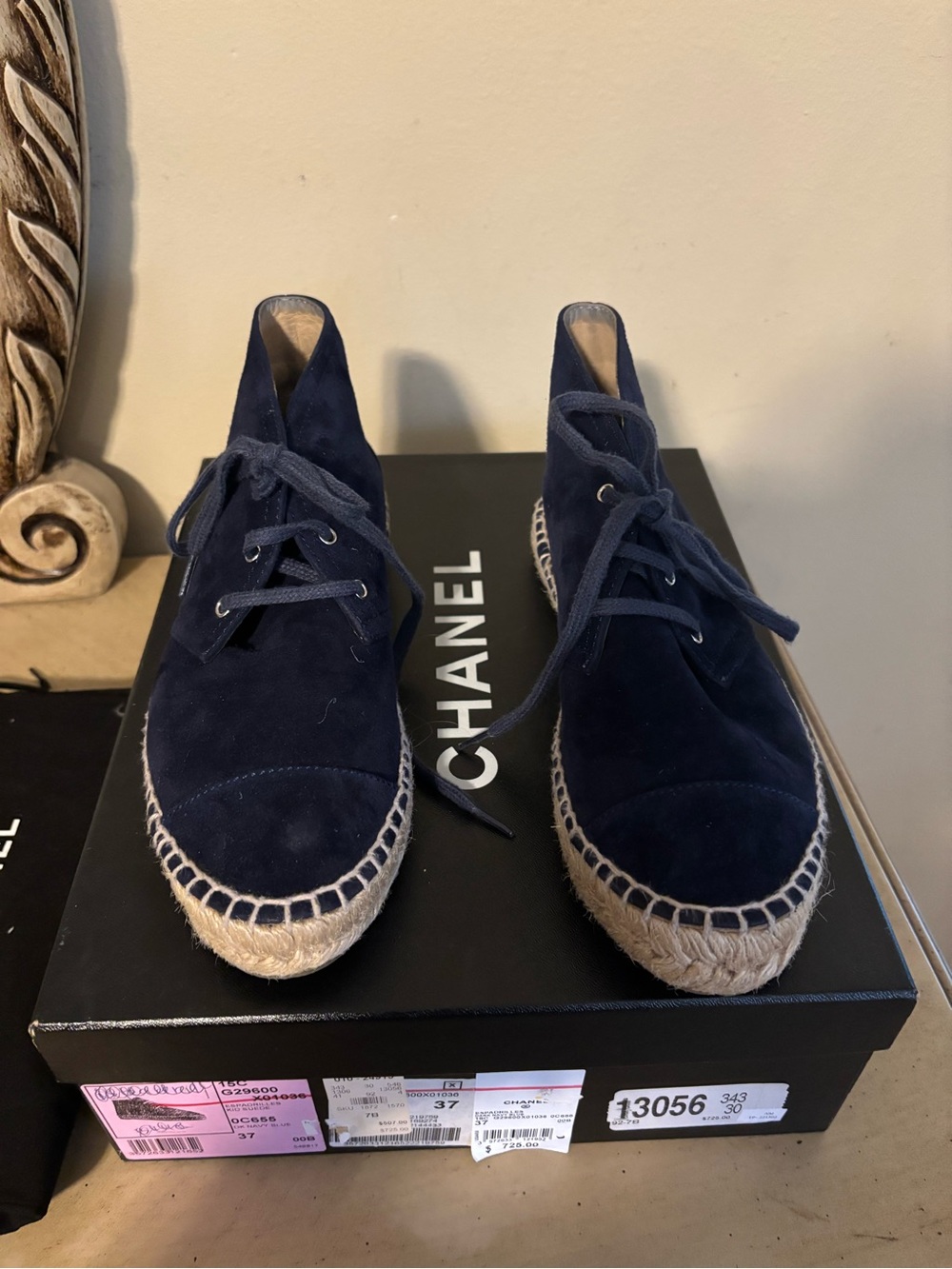 CHANEL Navy Suede Lace-Up Espadrille Boots